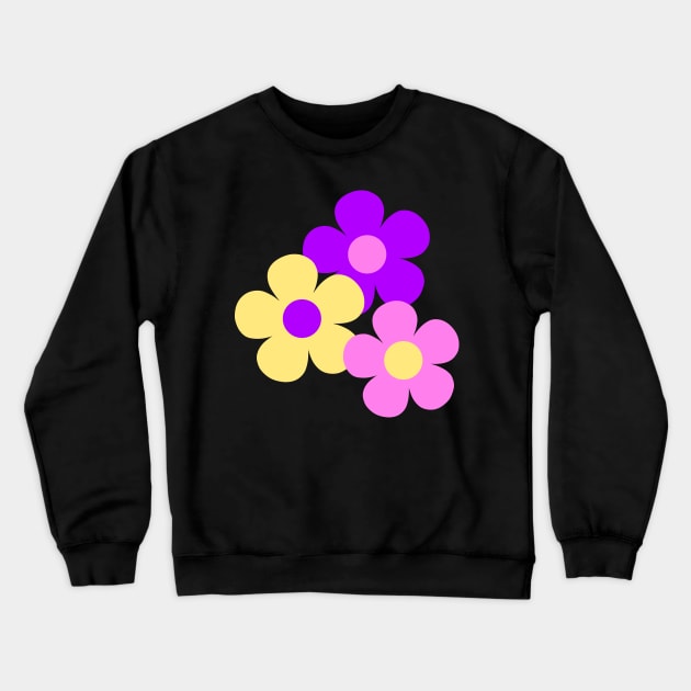 60's Flower Power Pop Flowers in Pink, Purple and Yellow on Black Crewneck Sweatshirt by MellowCat